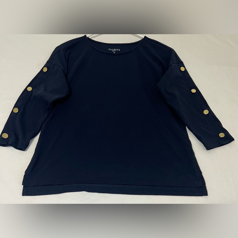 Talbots Petite Navy Button-Sleeve Cotton Top